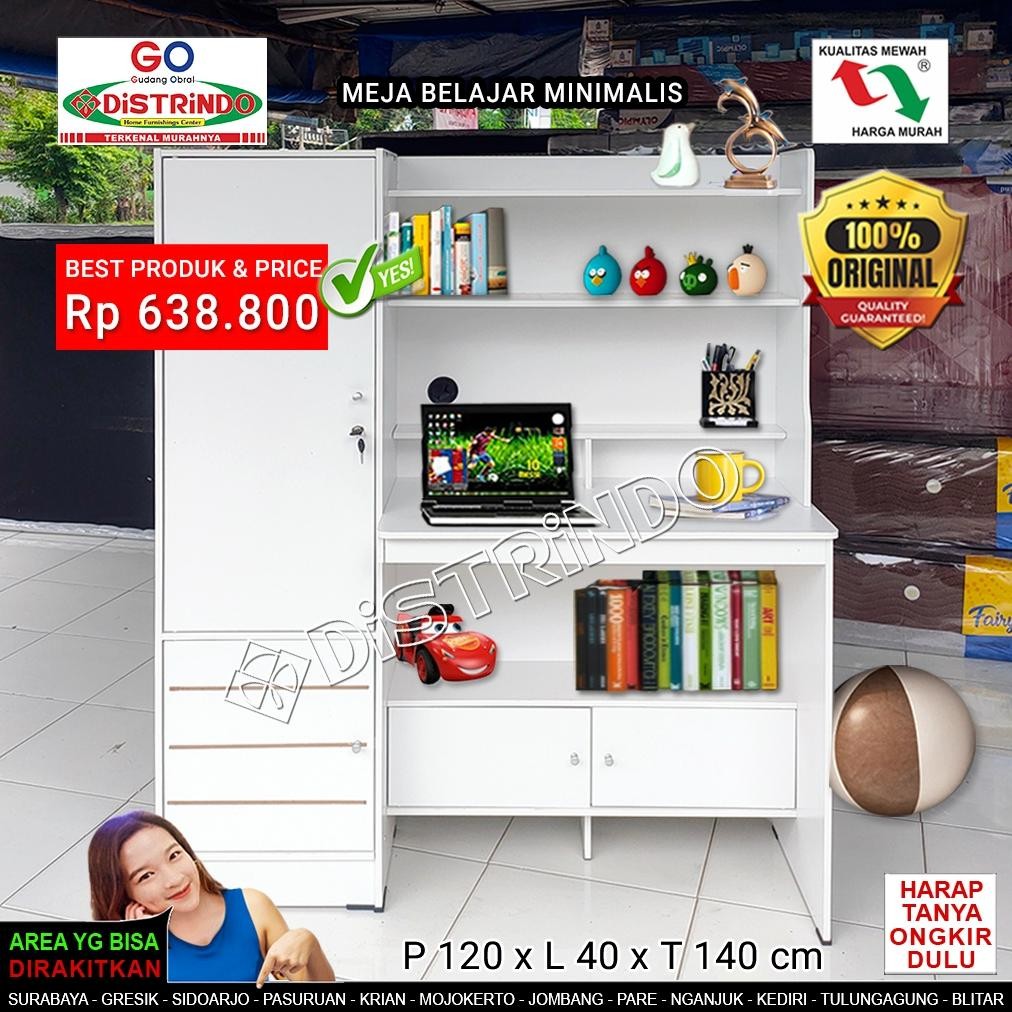 Meja Belajar Besar + 4 Lemari Serbaguna + Kunci dan ADA RAK Dibawah Meja - ALVIN Deluxe