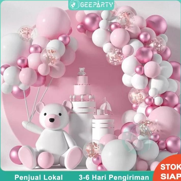 TERLARIS 106pcs Merah Muda Balon Garland Kit untuk Pesta Ulang Tahun Gadis Dekorasi Beruang Pesta Pe
