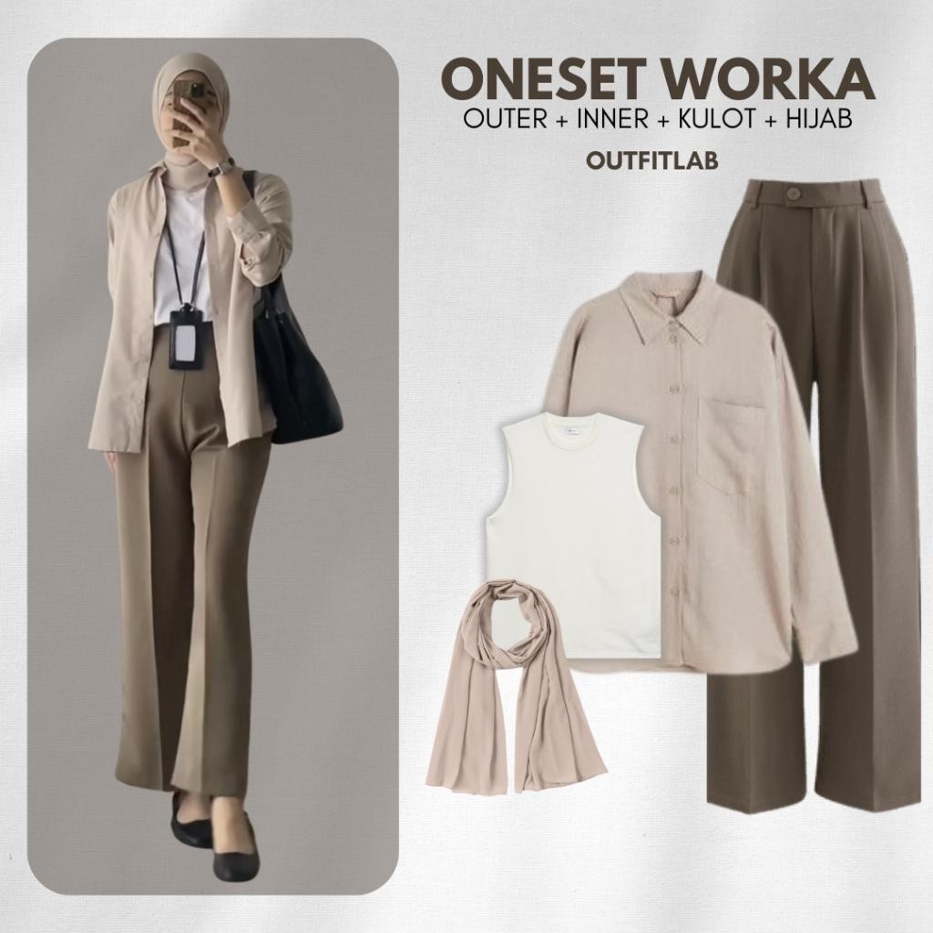 Worka Outfit Set Wanita Hijab Setelan Kerja Aestetic Kerja Kemeja Blazer Celana Kulot Pashmina Ootd