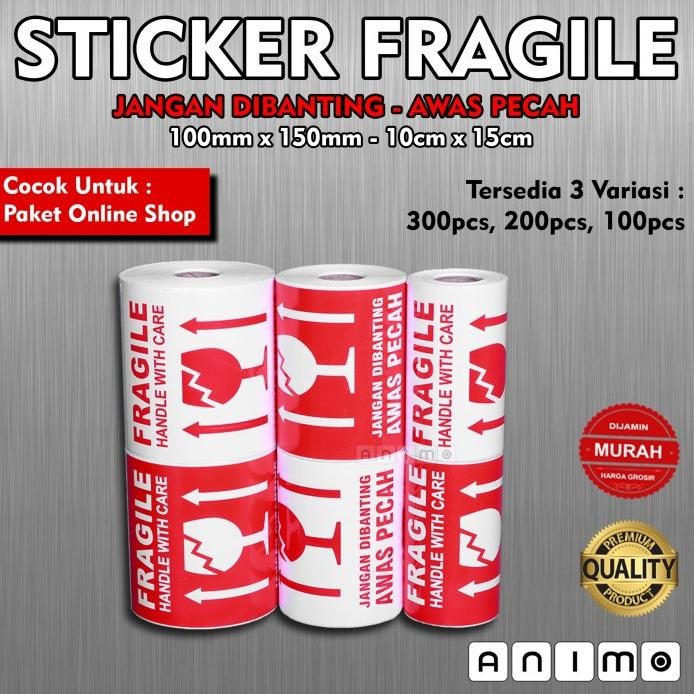 

ready STICKER FRAGILE - LABEL FRAGILE 15X10 CM isi 300 pcs murah