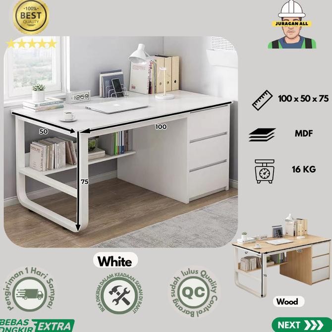 ready  MEJA KERJA MINIMALIS/MEJA KANTOR LACI/MEJA BELAJAR/MEJA KOMPUTER 100CM STANDART - PUTIH