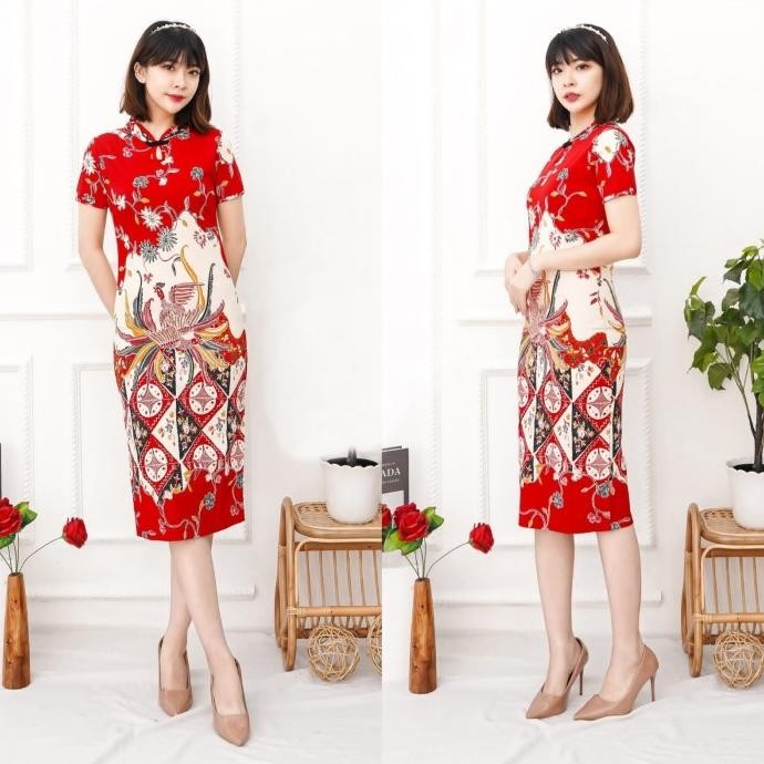 Promo Baju Qipao Dress merah jumbo Batik Wanita Cheongsam Imlek sincia CNY 1