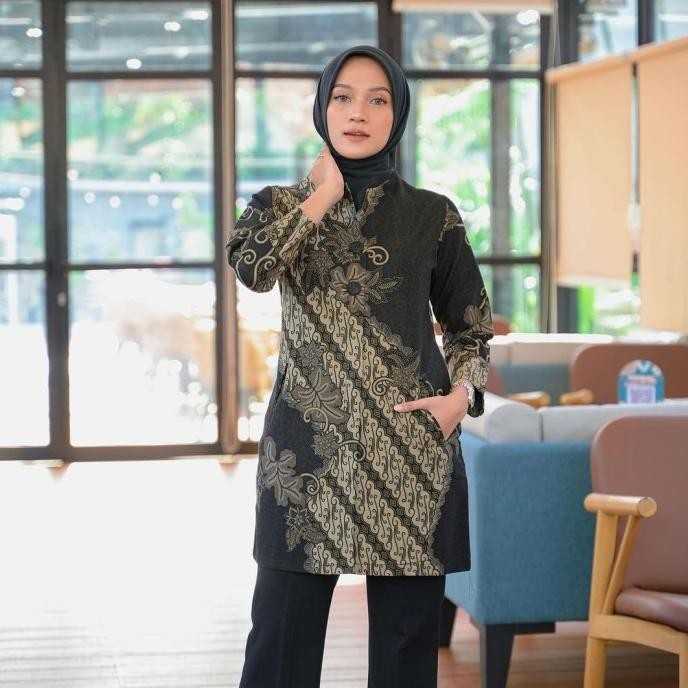 Promo atasan batik wanita modern dress tunik katun halus batik kerja hitam