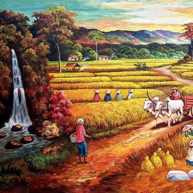 Murah Lukisan Pemandangan Panen Padi Timbul 3D 140x90cm Pemandangan Air Terjun Senja Gerobak Sapi Al