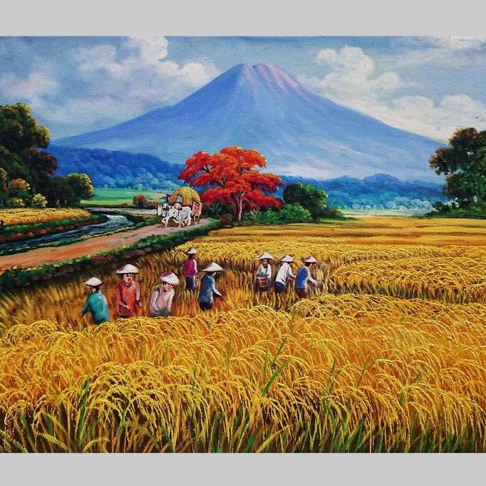 Murah Lukisan pemandangan desa berkualitas Non COD
