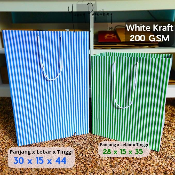 

Cuci Gudang Paper Bag / Tas Kertas /Shopping Bag White Kraft Motif Salur/Stripe 30X15X44 (1 Lusin)