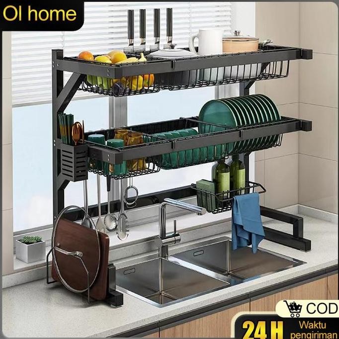 RAK DIATAS WASTAFEL STAINLESS HITAM RAK PENYIMPANAN PIRING RAK DAPUR CUCI PIRING