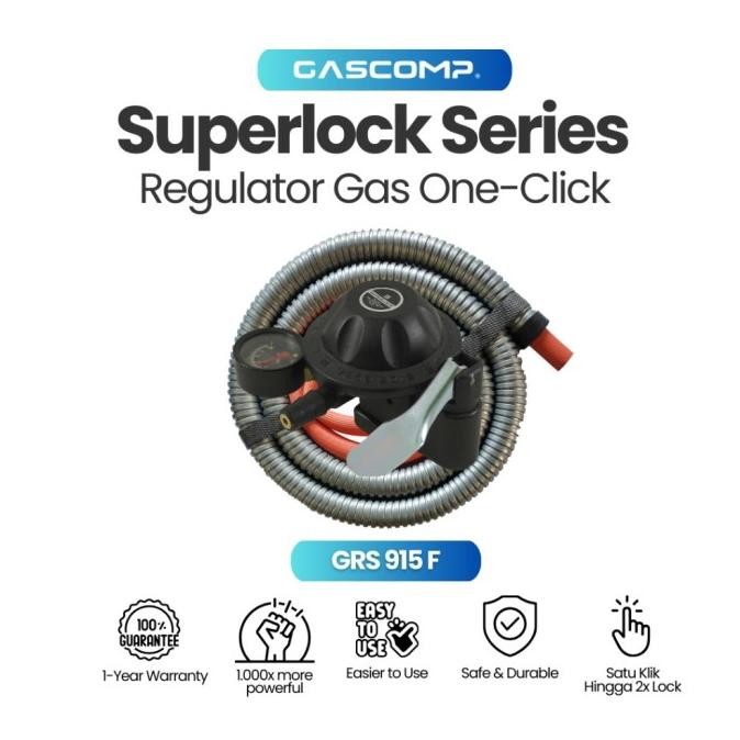 SUPERLOCK REGULATOR GAS LOW PRESSURE GASCOMP (GRS-915F)-SELANG FLEXIBLE HITAM 5 LAPISAN KUAT DAN AWE