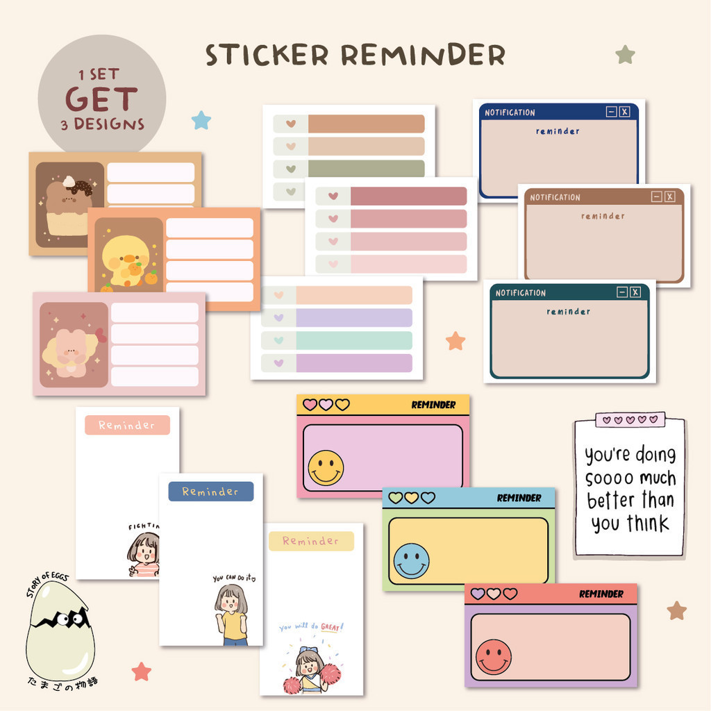 

Reminder Sticker Cute Aesthetic Design Character [ISI 15 PCS] l sticker pengingat l karakter lucu l Stiker Jepang Korea l note sticker l sticker bujo l sticker packing l sticker online shop l Sticker premium quality l label sticker