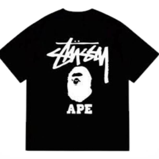 new  Stussy X Bape T-shirt Regular Fit Suits Text Print Unisex murah