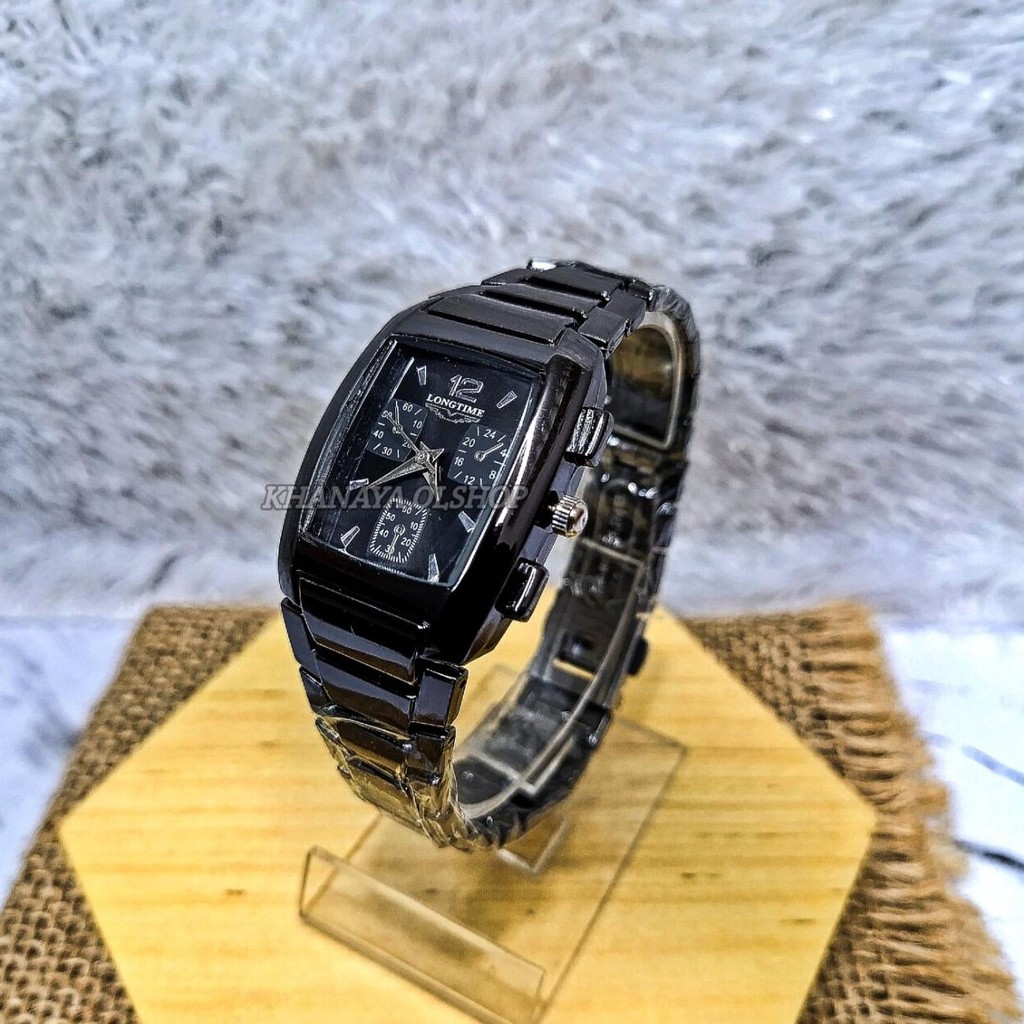 (TERLARIS) JAM TANGAN KOTAK WANITA CRONO LONGTIME RANTAI STAINLESS STEEL QUARTZ KACA SABUK HITAM WOM