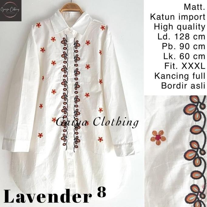 KEMEJA TUNIK JUMBO KATUN BORDIR BUNGA WANITA WHITE SERIES LD. 130 LAVENDER JUMBO PUTIH BAJU ATASAN M