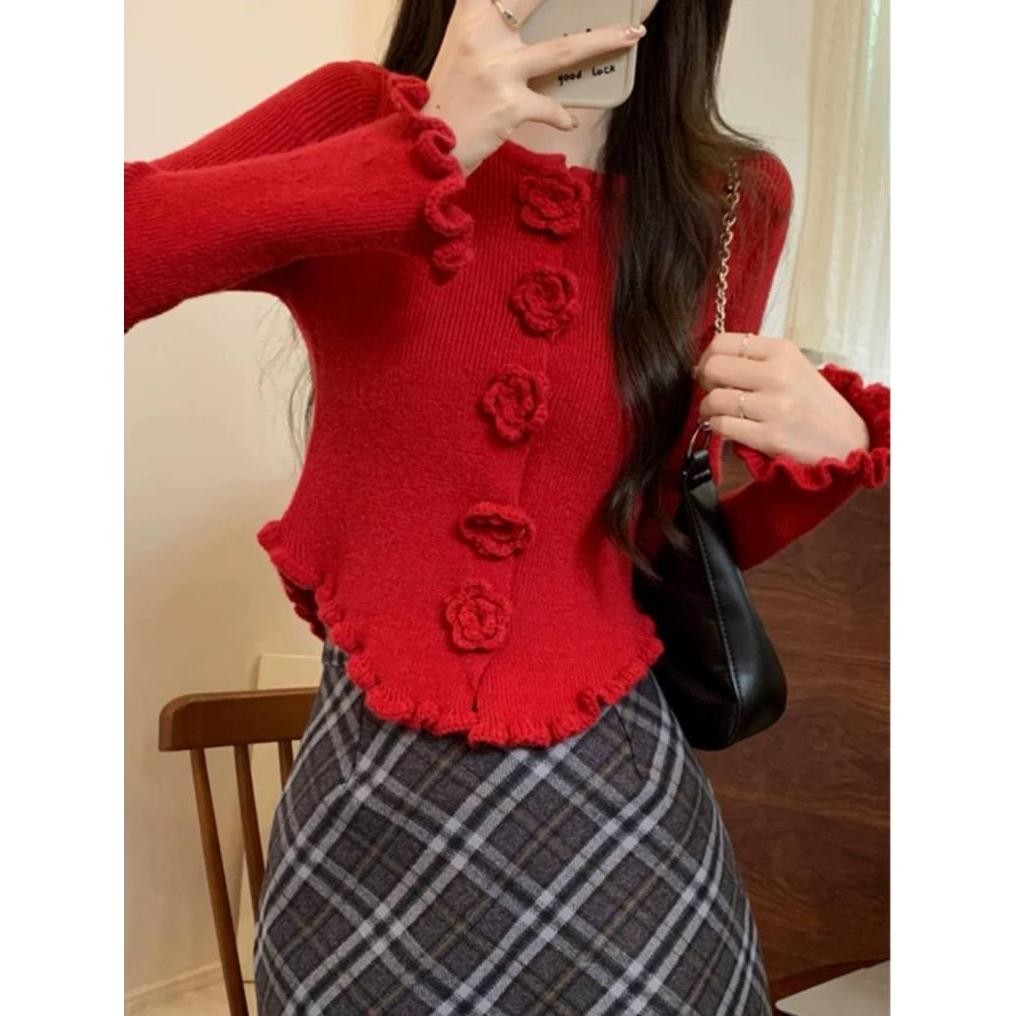 Er-56 Gloryshop88 Atasan Mawar Roses / Blouse Lengan Panjang Renda Bunga Mawar Lucu / Baju Wanita Pr