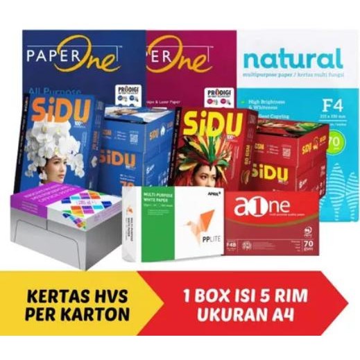

TERBARU - Kertas HVS A4 70 75 80 gsm PER-KARTON (1 KARTON / DUS isi 5 RIM) - SIDU Paperone PP Lite Bmo Aone Maxi Brite Natural Kertas Fotocopy A4 1 BOX