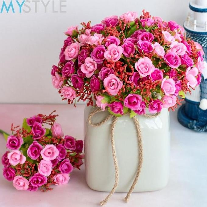 Bunga Mawar Mini Artificial Tanpa Pot Tanaman Hias Plastik Tangkai Rose Krisan Edelweis Kering vas