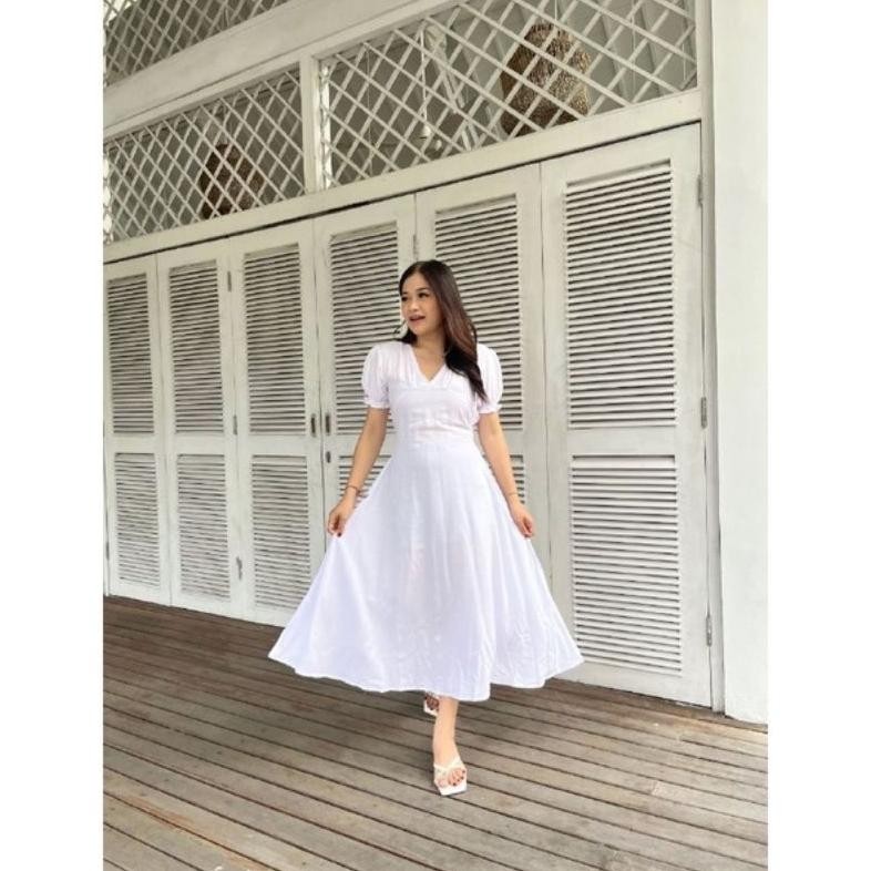 NEW NEW MIDI DRESS - WHITE DRESS - KOREAN DRESS - V NECK DRESS - DRESS PARTY - RAYON DRESS