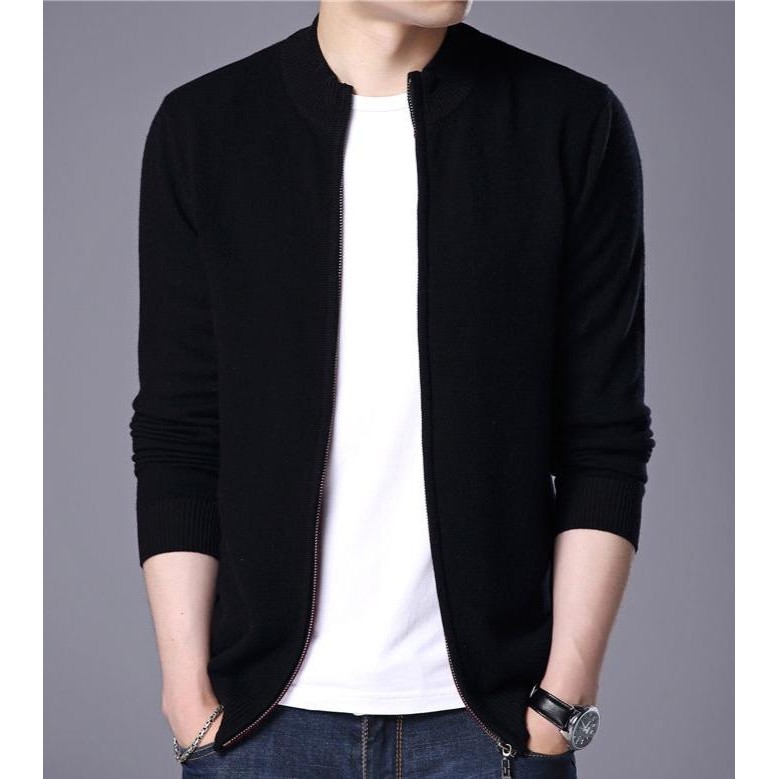 sweater resleting CREWNECK UNISEX FULL#rajut pria full Hitam katun panjang knitwear navy kerah baju