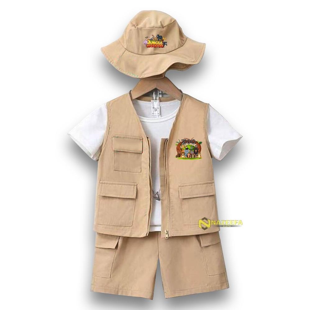 New NC - Setelan Rompi Safari Anak Sablon Zoo Bonus Topi Jungle Adventure
