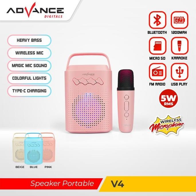 Asli N E W  Advance V4 Portable Speaker Bluetooth Plus Mic Wireless karaoke Garansi Resmi 1 Tahun