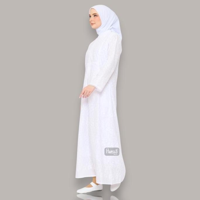 Gamis Putih Kantong Samping Full Bordir Gamis Katun Perlengkapan Umroh Haji Wanita Muslimah
