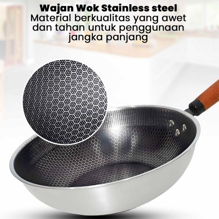 Wajan Wok / Wajan Stainless Gagang Kayu / Wajan Wok Tebal Serbaguna