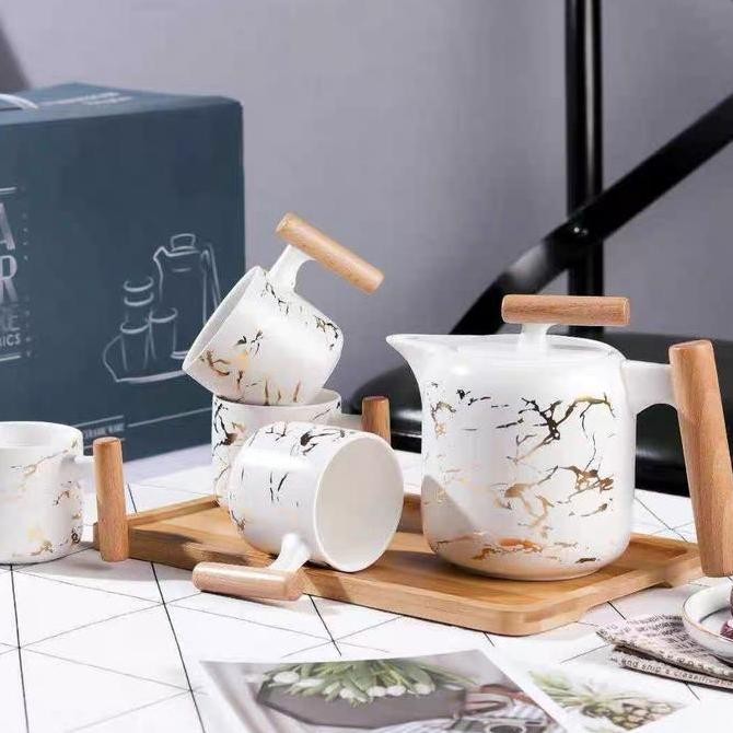 BEBAS ONGKIR - Set Cangkir Motif Marble Keramik Hitam Putih Teko dengan Nampan Kayu