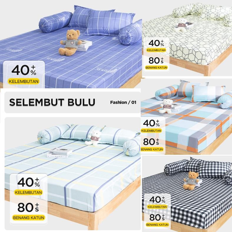 KQ Sprei Set Selimut Bedcover Sarung Set Motif Kotak Perlengkapan Kamar Tidur 160x200cm Sprei Aesthe