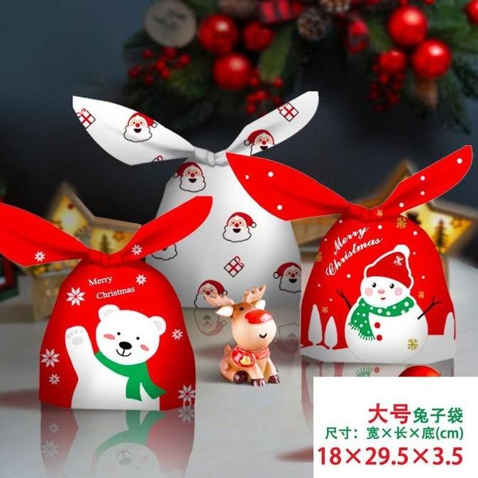 

siap kirim 50pc kantong natal bungkus cookie bunny ear /plastic xmas goodie bag l