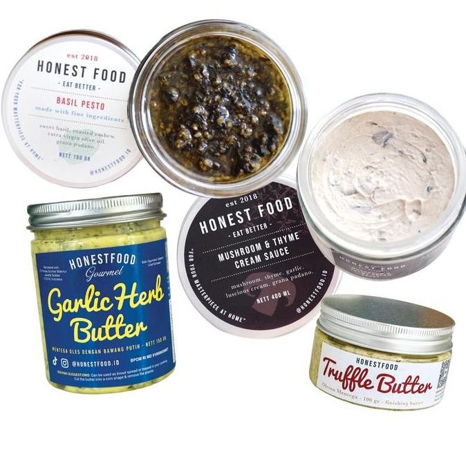 

cooking essentials: 2 butters, 2 pasta sauces - mentega premium, mentega truffle, garlic butter steak ayam ikan bahan makanan sahur buka puasa ramadhan toples spicy salt sweet , saus krim jamur botol, saus pesto terlaris