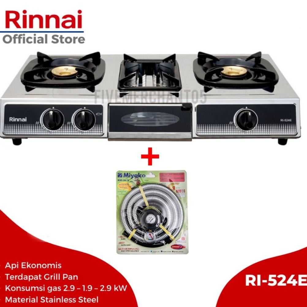TERLARIS Kompor Gas 3 Tungku Rinnai RI 524 E Kompor Stainless Panggangan Rinnai 524 Kompor Panggang 