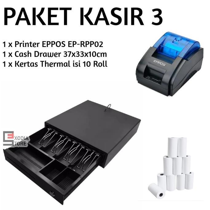 

PAKET KASIR 3 : Cash Drawer + Printer EPPOS EP-RPP02 RPP02N EP58M + Kertas Thermal 58x30mm | Support Android & Windows bisa untuk Hp, Tablet, Laptop, Komputer