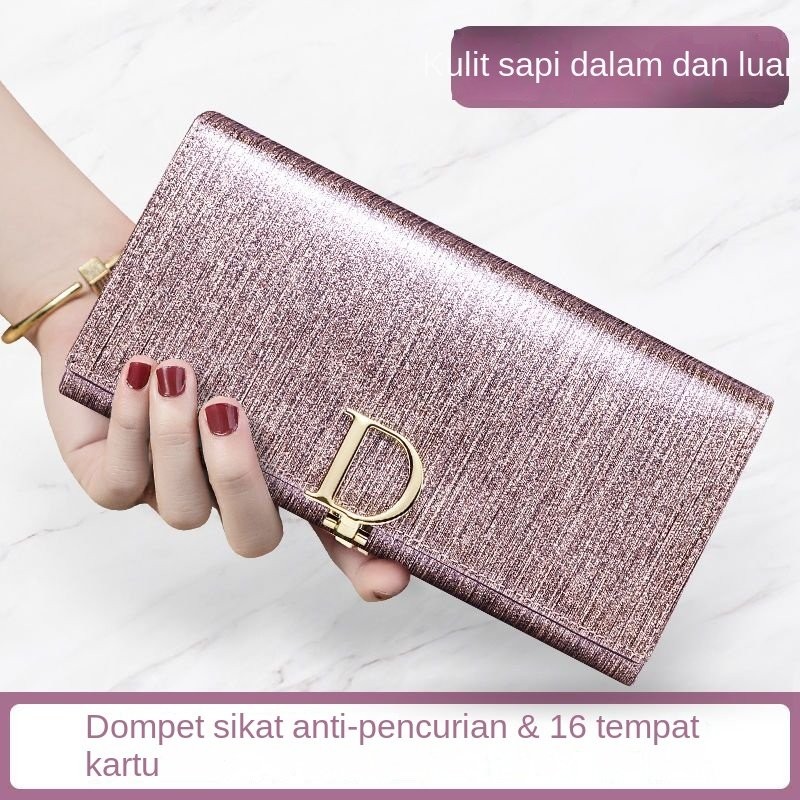 Dompet Wanita Kulit Asli Gaya Korea Baru Panjang Kulit Sapi Kapasitas Besar Slot Multi-Kartu Dompet 