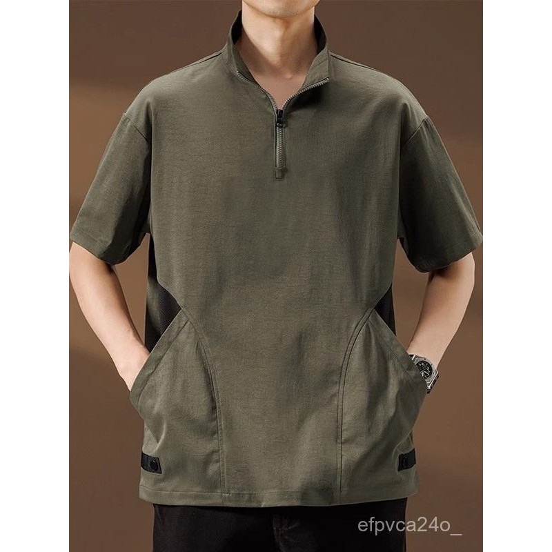 Gaya Amerika Lengan Pendek Setengah Resleting T Baju Kaos/Kemeja Pria Kerah Berdiri Trendy Cepat Ker