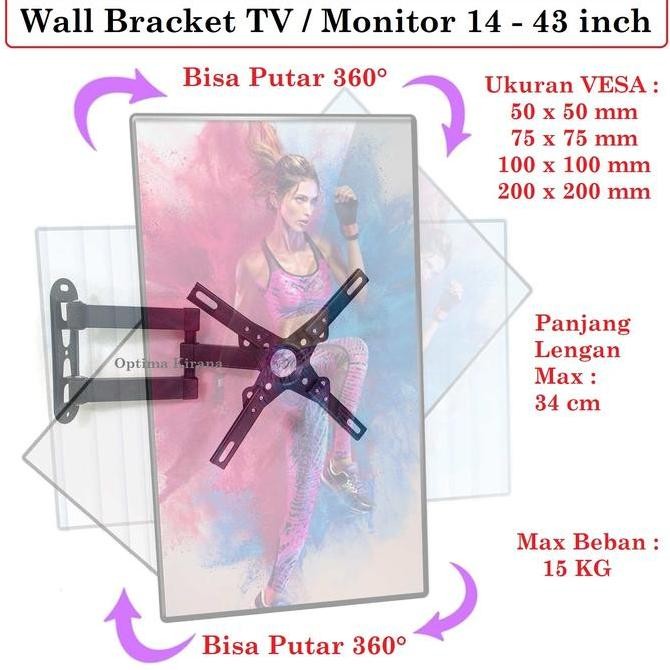 TERBARU - BRACKET FULL MOTION ROTARY Putar 360 Gerak 4 arah PC MONITOR TV LED LCD Curve Flat 14 21 2