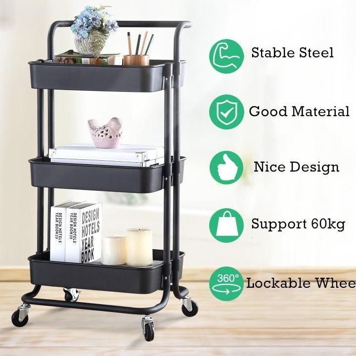 SHENAR Rak Trolly Besi 3 Susun Rak Dorong Rak Roda Susun Serbaguna