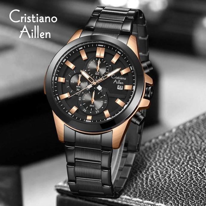 Promo Live   Cristiano Aillen Jam Tangan Pria Analog 8892 Rantai Stainless Steel Chronograph Kaca Sa
