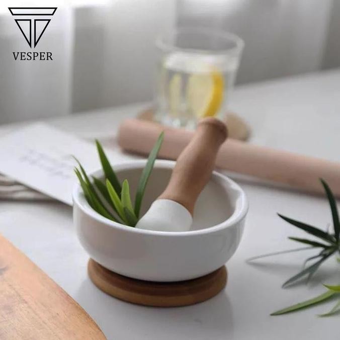 

ceramic mortar pestle bamboo handle ulekan tumbukan cobek bumbu dapur TS