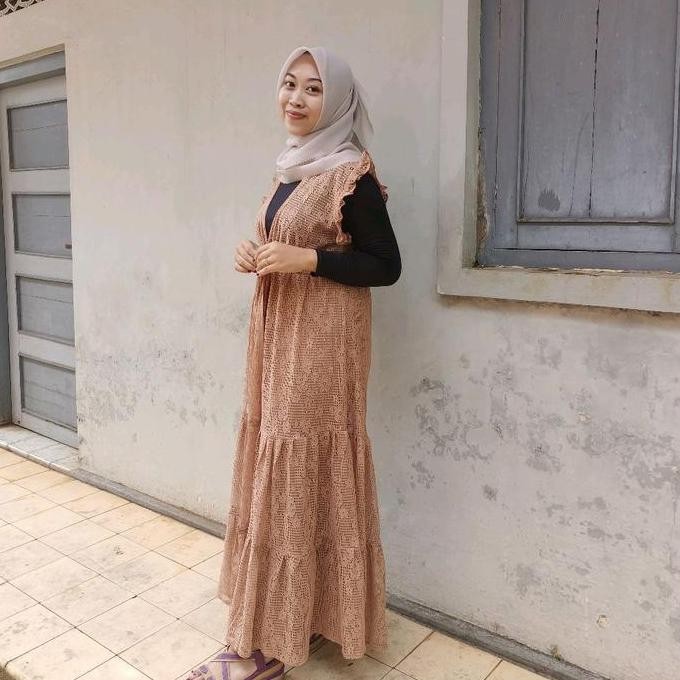 Outer Long Brokat Malika/ Outer Tanpa Lengan/ Outer Panjang Crew Neck Rompi Wanita Samping Best Sell