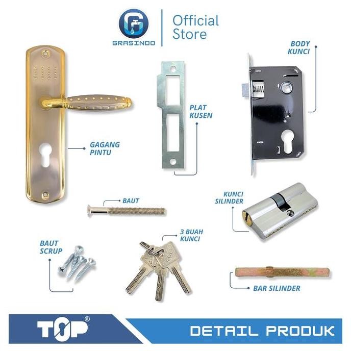 Handle Kunci Pintu Set Gold / Pegangan Gagang Pintu / Handle Pintu Komplit Ukuran 20Cm - TOP Grande
