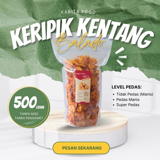 

Grosir Keripik Kentang Balado Kabita 500Gram (Kemasan Pouch) Snack Food Camilan Makanan Pedas Manis Daun Jeruk Tanpa Msg Cemilan Kripik Crispy