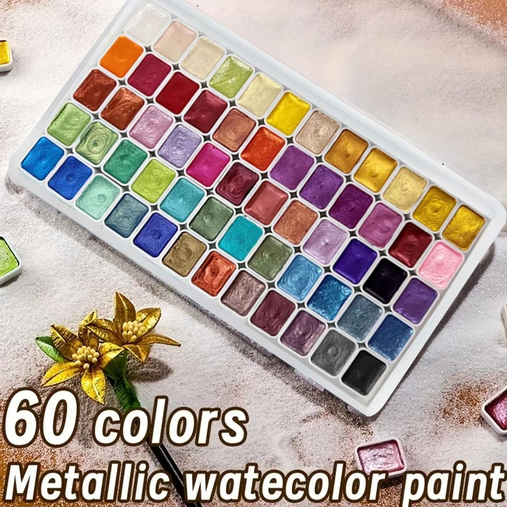 

60 Colors Pearl Watercolor Pigment: Metallic Solid Paint Portable Art Kit For Painting - Perfect Holiday Gifts For Artists