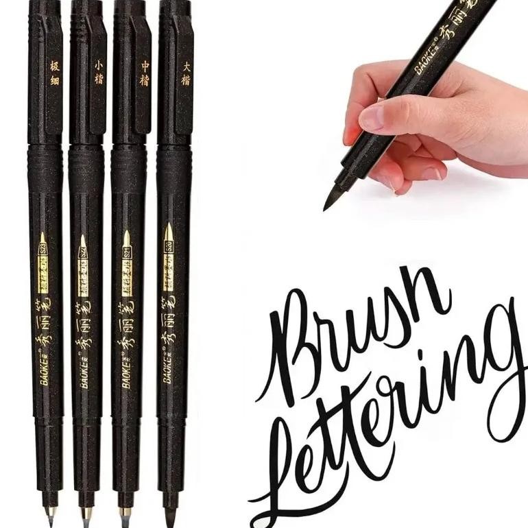 

4Pcs Hand Lettering Calligraphy Pens Brush Markers Set Soft And Hard Tip, Black Ink Refillable For Beginner Writing Art Drawing