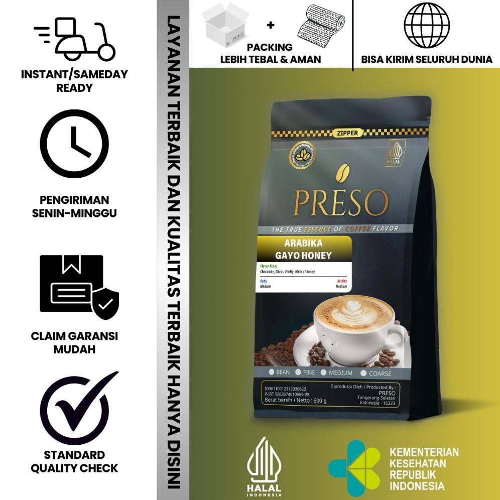 

Promo / Terlaris PRESO Biji Kopi Bubuk Arabika Gayo Honey Sumatra Coffee Roast Beans Espresso Bean Coffe 500 gram Terbaik