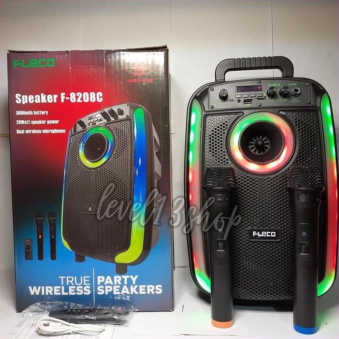 Speaker Bluetooth Fleco F-8208 A/B/C 8'5 Inch Free 2 Mic Wireless Karaoke + Remote + Kabel Usb - Spe