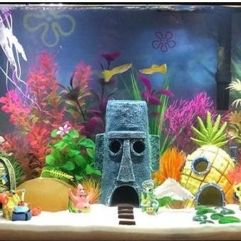 Terlaris Dekorasi Aquarium Aquascape Rumah Spongebob Squidward Hiasan Akuarium Terbatas