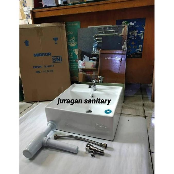 Paket Wastafel Kotak Model Toto + Cermin Kamar Mandi Co