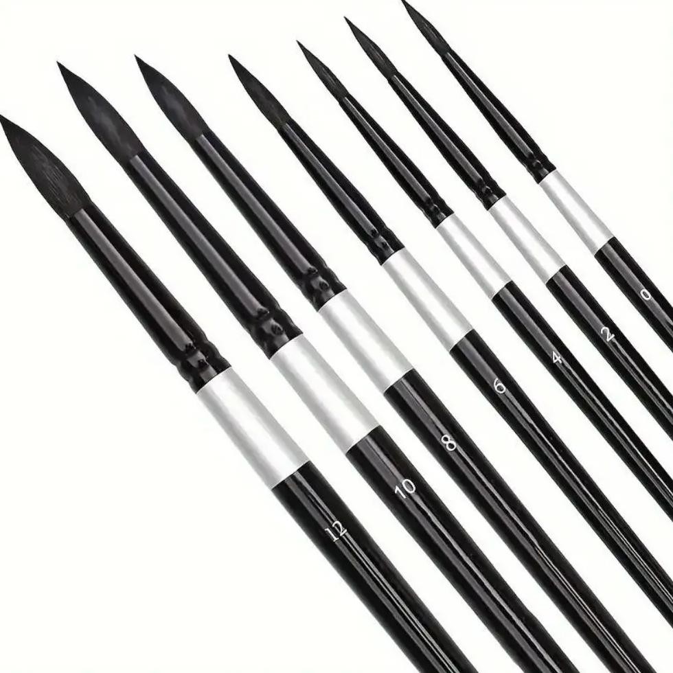 

7Pcs Round Squirrel Hair Paint Brush Set For Watercolor, Inks, Gouache & Tempera, Professional Artist Quality, Wood Handle