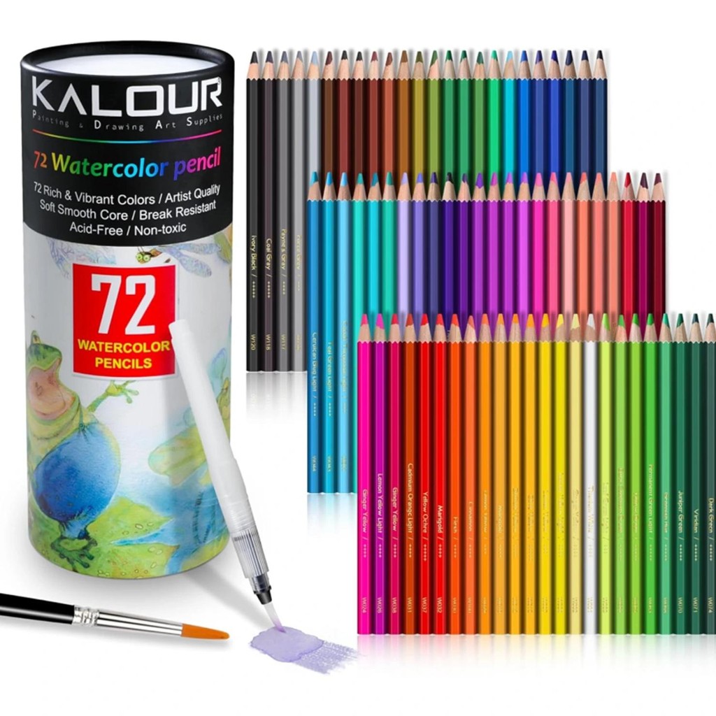 

Kalour 72-Color Professional Watercolor Pencils Set With Brush And Water Brush Pen, Blendable Wet Or Dry, Water-Soluble Colored
