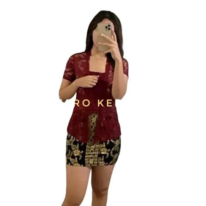 || POLARBEAR / set kebaya lengan pendek melar strait rok mini batik modern strait Brokat Atasan tang