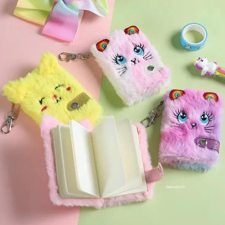 

Cute Cat Plush Notebook For Girls Kawaii Pendant Keychain Furry Cats Notebook Daily Planner Journal Book Note Pad Stationery